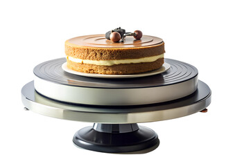 Round layered cake with chocolate topping on a cake stand, isolated on transparent background