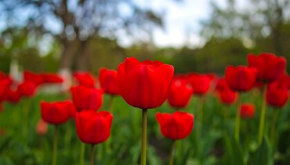 Obraz premium Vibrant red tulips in a garden setting, with soft focus on the foreground blooms.