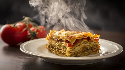 Fototapeta premium A steamy cheesy slice of lasagna presented on a pristine white plate accompanied by vibrant ripe tomatoes Delicious home cooked dish