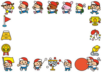 運動会,体育祭,フレーム,子供,小学校,幼稚園,保育園,小学生,学校,体育,運動,走る,メッセージ,囲み枠,飾り枠,掲示板,お知らせ,伝言板,体操服,旗,徒競走,跳び箱,大玉転がし,玉入れ,中学校,笛,メダル,ホイッスル,かけっこ,応援,素材,セット,体操,学校行事,春,秋,かわいい,中学生,トロフィー,人物,運動場,くす玉,可愛い,枠,メモ,伝言,イラスト