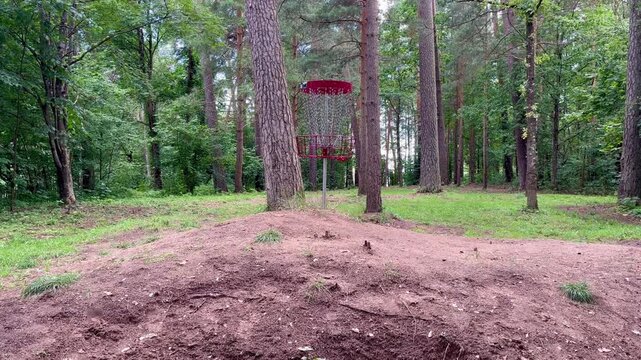Scenic disc golf course in Latvia with forest terrain and elevated putting area