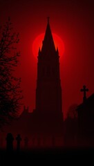 Fototapeta premium A spooky town bathed in blood red moonlight