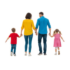 Obraz premium Loving family walking together hand in hand, mom dad son daughter enjoy carefree life, ideal for parenting resources, family blogs, and ads for kid-friendly products, vibrant and heartwarming
