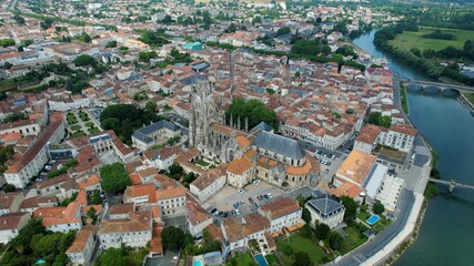 Aerial panorama view around the old town in the city Saintes in France, on a sunny summer noon