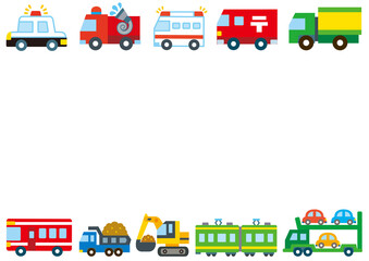 乗り物,車,フレーム,電車,パトカー,枠,旅行,新幹線,駅,交通,働く車,鉄道,バス,警察,郵便,運転,可愛い,かわいい,おもちゃ,セット,列車,移動,旅,観光,レジャー,お出かけ,トラベル,メッセージ,囲み枠,飾り枠,掲示板,お知らせ,伝言板,出発,消防車,ダンプカー,キャリアカー,観光バス,郵便車,トラック,イラスト