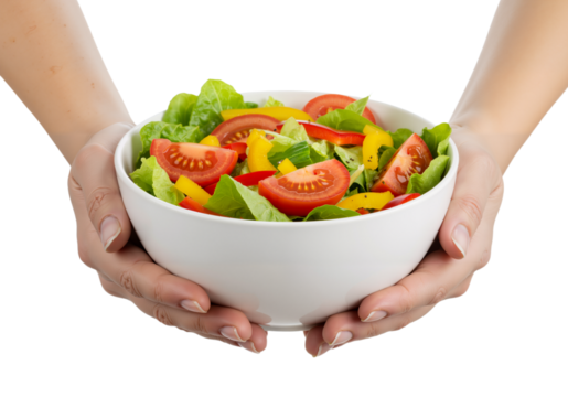 A person holding a white bowl of fresh vegetable salad with tomatoes and peppers, representing a healthy diet and lifestyle