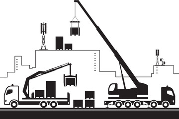 Crane truck lifting parts of cell tower to the roof of building – vector illustration