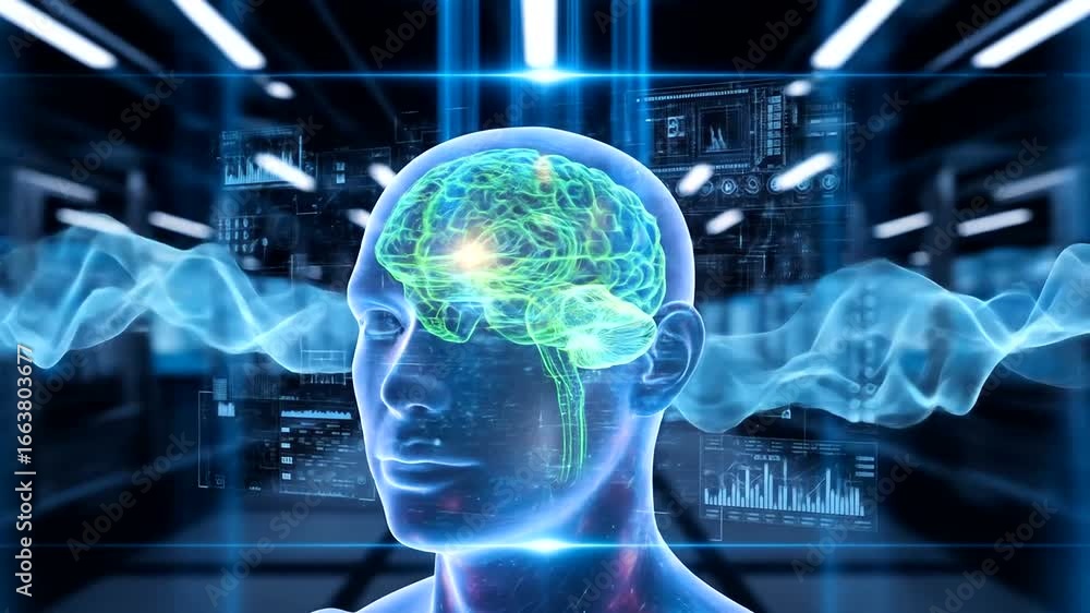 Poster a 3d representation of a human head with a visible brain overlaid on data visualizations.
