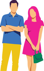 Obraz premium Young man in blue shirt and yellow pants with woman in pink dress holding green handbag vector illustration 