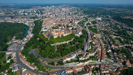 Naklejka premium Aerial panorama view around the old town and around the city Angoulême in France, on a sunny summer noon