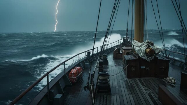 Dramatic view from deck of ship sailing through heavy storm with lightning in distance