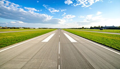 Empty Airport Runway Under a Bright Blue Sky with Fluffy Clouds.