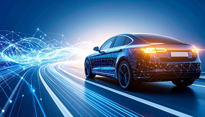Futuristic Electric Sedan Driving on a Neon-Lit Highway with Digital Data Streams.
