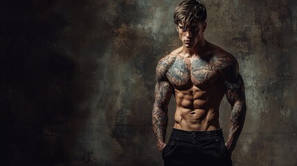 Muscular man with tattoos poses confidently against a textured background in a dimly lit studio setting