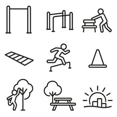 Weekend Park Fitness Circuit. Outline style icon of Weekend Park Fitness Circuit: pull-up bar, parallel dip bars, park bench