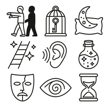 Moon-Induced Dream Symbols. Outline style icon of Moon-Induced Dreams & Madness: sleepwalker shadow, lunatic cage key, moonbeam