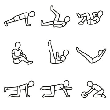 Core Workout Icons. Outline style icon of Core Activation Circuit: plank hold, dead bug, bicycle crunch, Russian twist, leg raise,