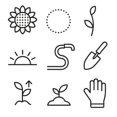 Minimalist Sunflower Icons. Outline style icons of Minimalist Sunflower: petal outline circle, seed dot matrix, graceful stem
