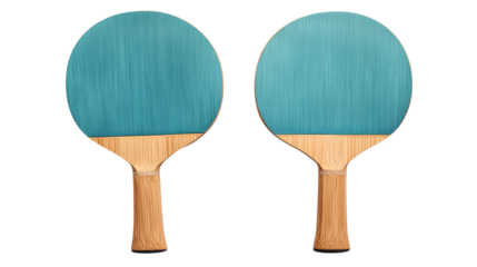 Two teal table tennis paddles with bamboo handles isolated on a transparent background