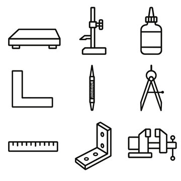 Metalworking Tool Icons. Outline style icons of Metalworking Tool: surface plate, height scriber, layout dye bottle, granite
