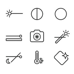Adjustment Tools Icons. Line style icons of image adjustment tools: brightness slider, contrast dial, hue circle, saturation bar,