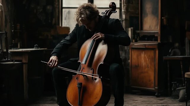 A skilled musician plays the cello passionately in a cozy workshop surrounded by antique items. The atmosphere is rich with creativity and deep emotion as the notes resonate in the space.