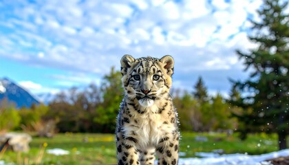 Fototapeta premium A charming snow leopard cub gazes directly at the viewer, set against a backdrop of a vibrant mountain landscape with scattered snow.