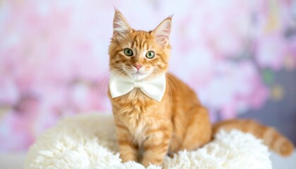Elegant ginger cat with bow tie posing on a fluffy cushion against floral backdrop