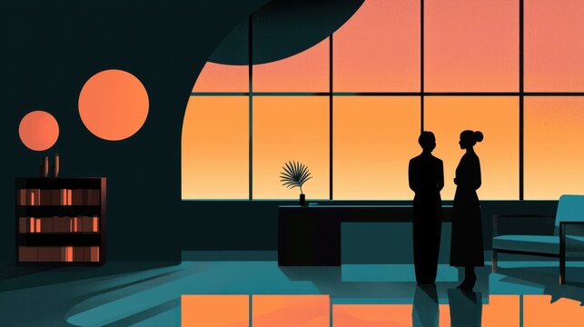 Couple standing in modern living room at sunset with vibrant colors and minimalistic decor