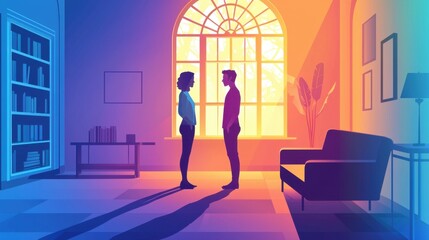 Colorful silhouette of a couple standing in a cozy room during sunset, with light pouring through a large window