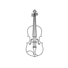 Fototapeta premium Monochrome illustration of stringed musical instrument with scroll, soundholes, bridge, and tuning pegs.