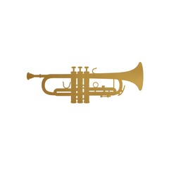 Obraz premium A stylized illustration of a trumpet, rendered in a flat, golden color scheme on a white backdrop.