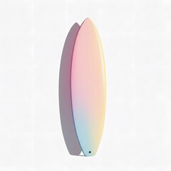 Fototapeta premium Pastel surfboard with a gradient of pink, yellow, and blue, casting shadow on a white background.