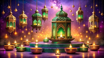 Obraz premium Photo of vibrant diwali festival with ornate glowing lanterns and diyas creating a magical atmosphere