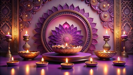 Photo of beautiful diwali celebration with purple lotus motif, ornate decorations, and glowing diyas