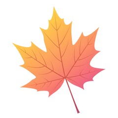 Colorful maple leaf illustration with yellow, orange, and pink gradient on a white background.