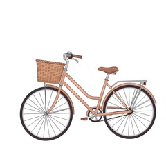 Illustration of a classic bicycle with a basket and rear rack, isolated on a white background.