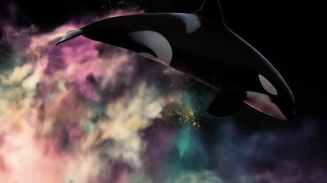 A killer whale, in a vibrant and colorful galaxy, ascends above the horizon, breaking the surface