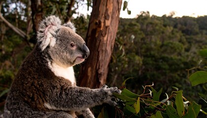 Obraz premium A koala, with its soft fur and attentive gaze, sits atop a tree trunk, surrounded by lush greenery.