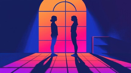 Two silhouettes standing in front of a bright window during a colorful sunset