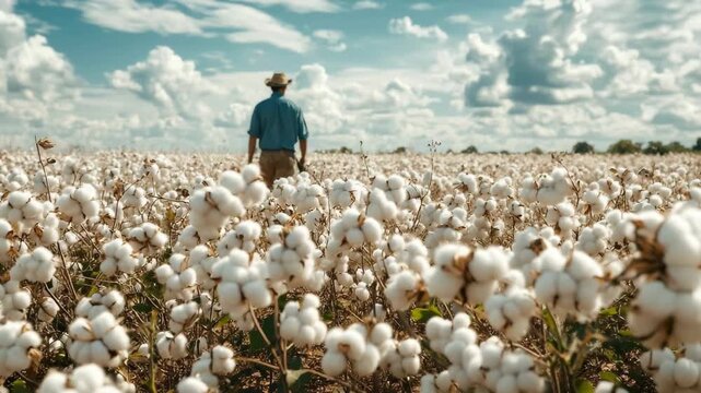 With the sun rising, a farmer walks through a vast cotton field surrounded by fluffy white blooms. The sky is painted with dramatic clouds, showcasing the peacefulness of rural life.