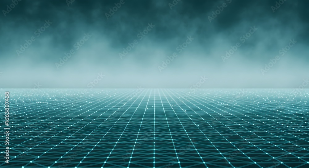 Poster abstract grid surface with a foggy background, creating a digital landscape or technology concept.