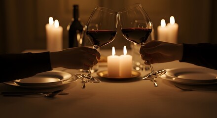 A romantic dinner scene with a wine toast, candles, and a soft, warm ambiance setting the mood.