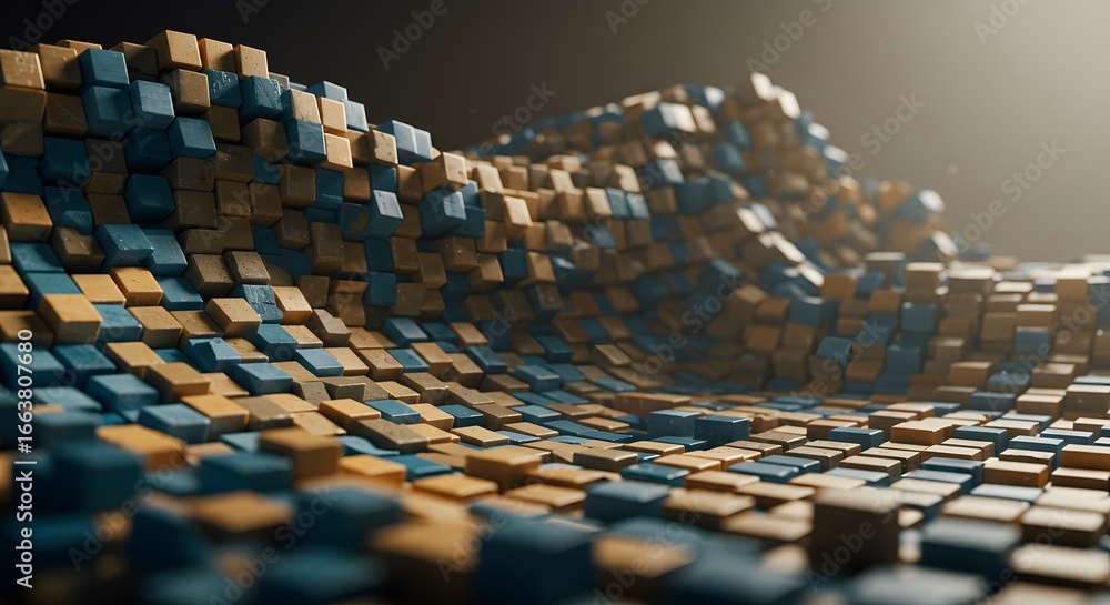 Poster abstract wave pattern created by alternating blue and yellow cube shapes resembling pixel art.