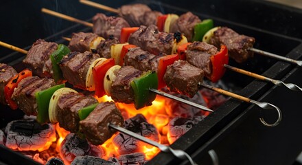 Grilled kabobs with beef and vegetables over glowing charcoal, a delicious summer barbecue cookout food