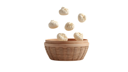 Steamed dumplings floating above bamboo basket isolated on a transparent background