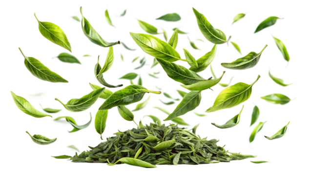Dried green tea leaves with fresh leaves floating above, isolated on transparent background, symbolizing natural refreshment and healthy beverage preparation