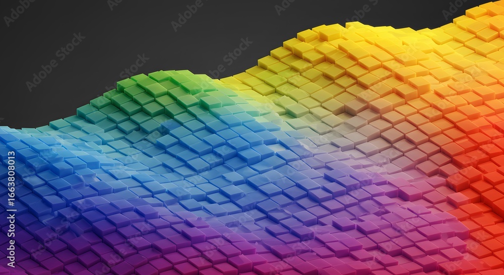Aufkleber abstract landscape formed by 3d squares displaying a vibrant rainbow gradient over a dark background