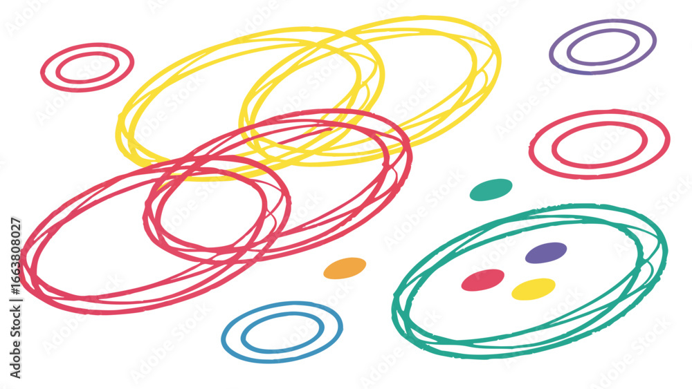 Poster abstract illustration featuring overlapping scribbled circles and ovals in various bright colors