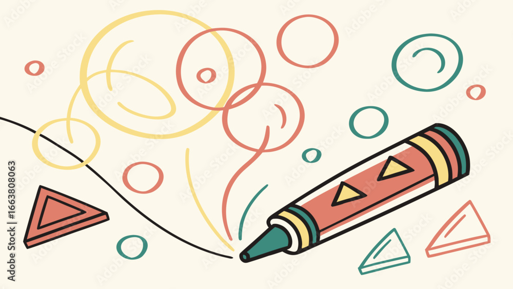 Poster illustration of a crayon drawing circles and lines with triangle shapes on a cream background